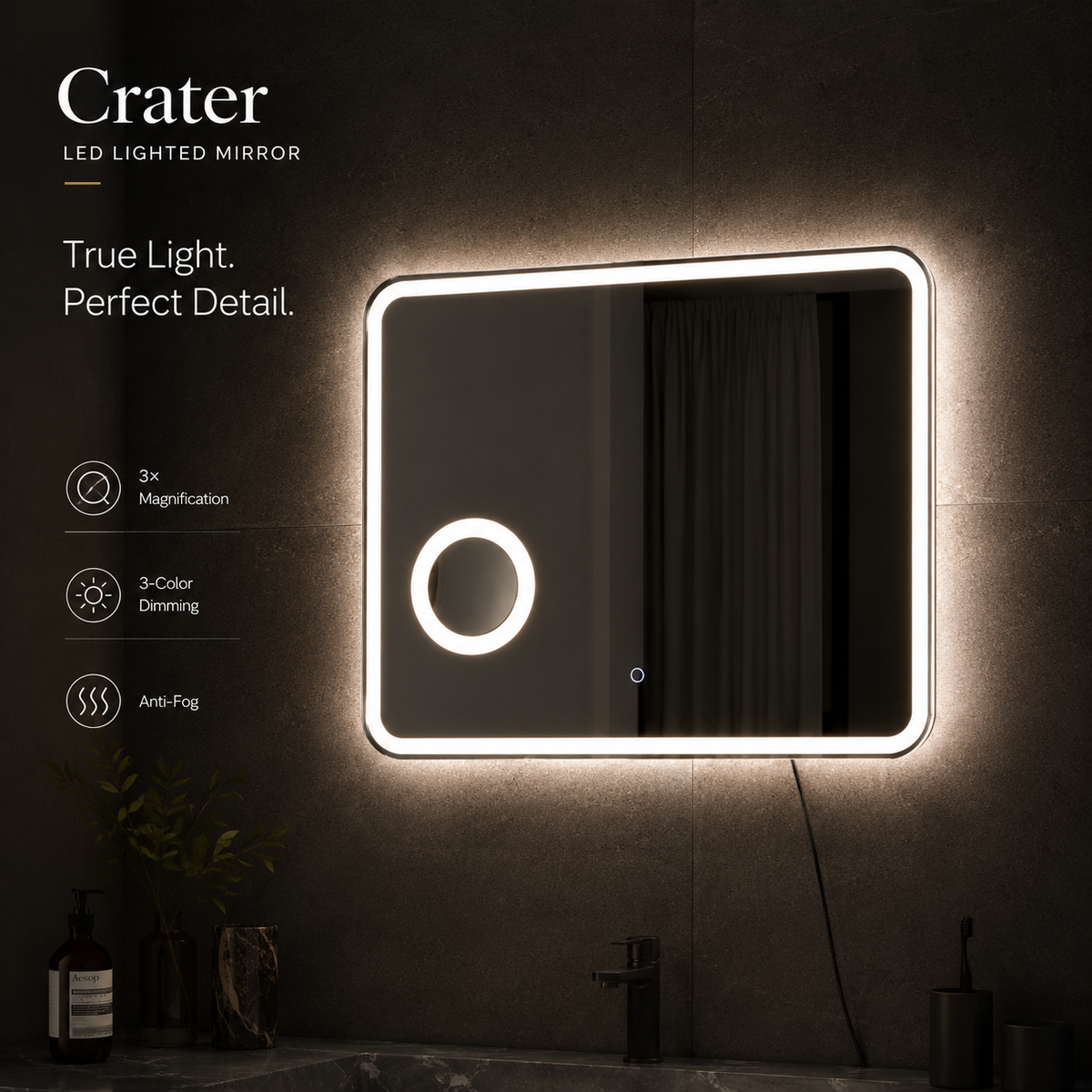 Tri-color LED lighting on bathroom mirror