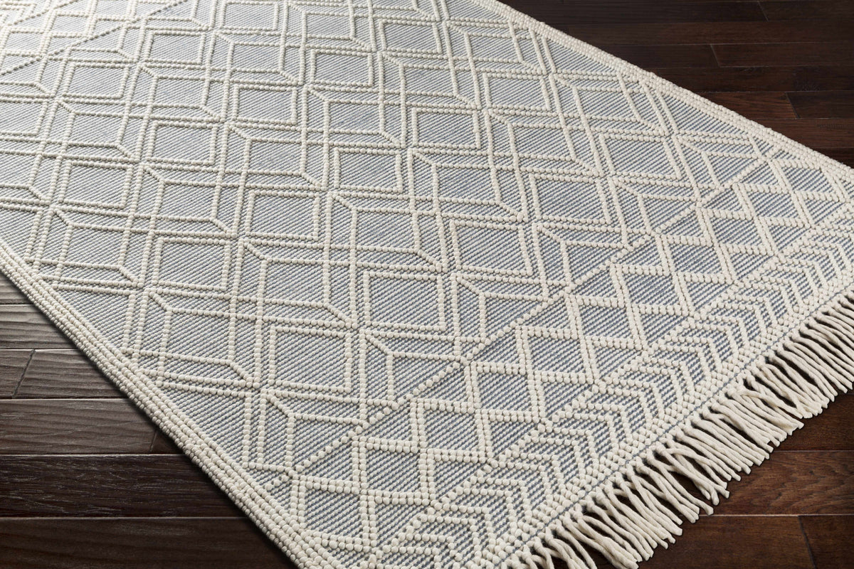 Hand Woven Trellis Area Rug, Ivory and Blue