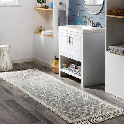 Ivory and blue trellis area rug shown in a room setting