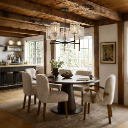 Five light glass chandelier shown installed on a ceiling