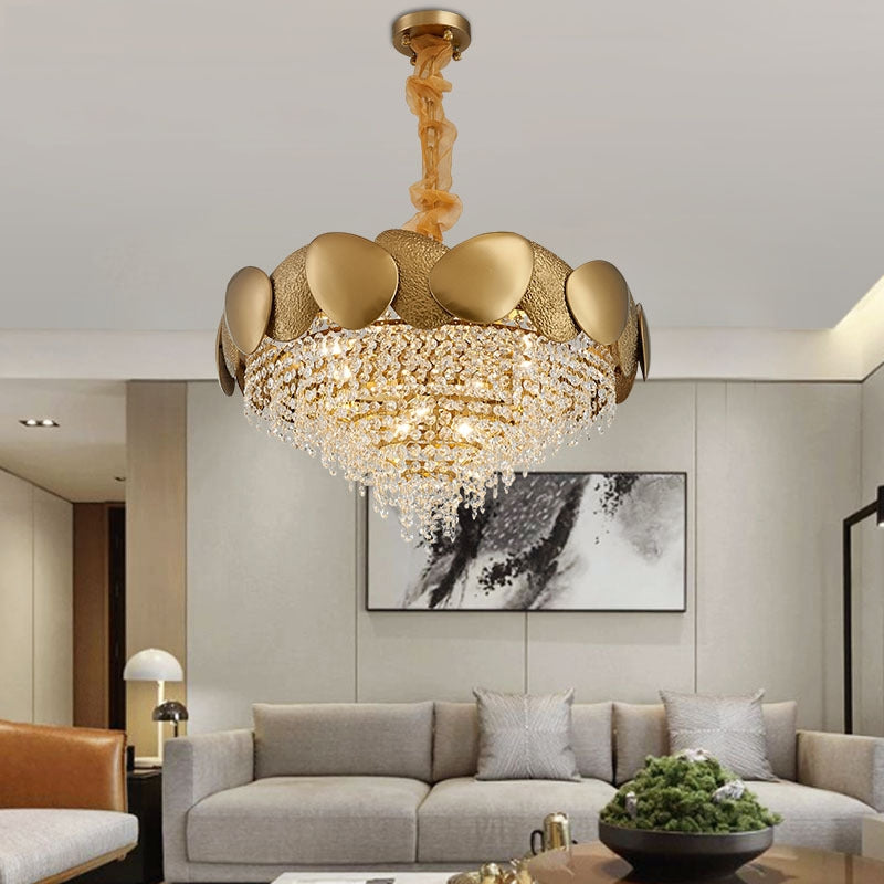 Stainless steel crystal chandelier hanging in a living room