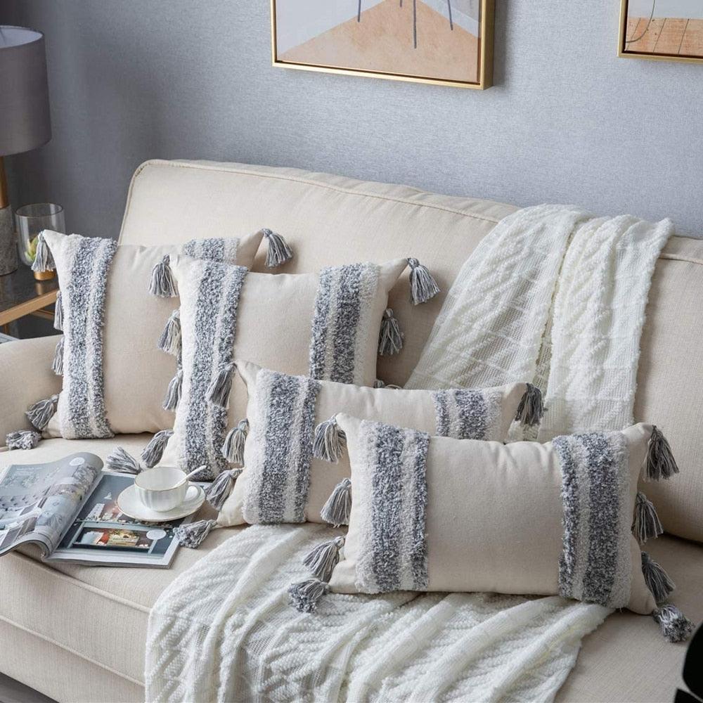 Boho woven cushion cover with tasseled corners