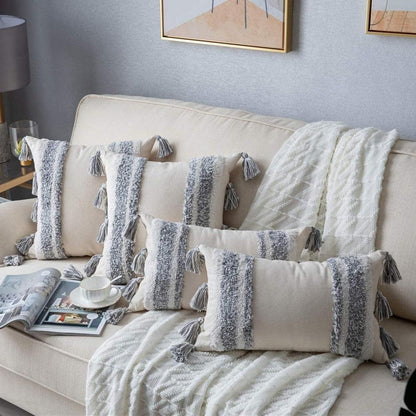 Boho woven cushion cover with tasseled corners