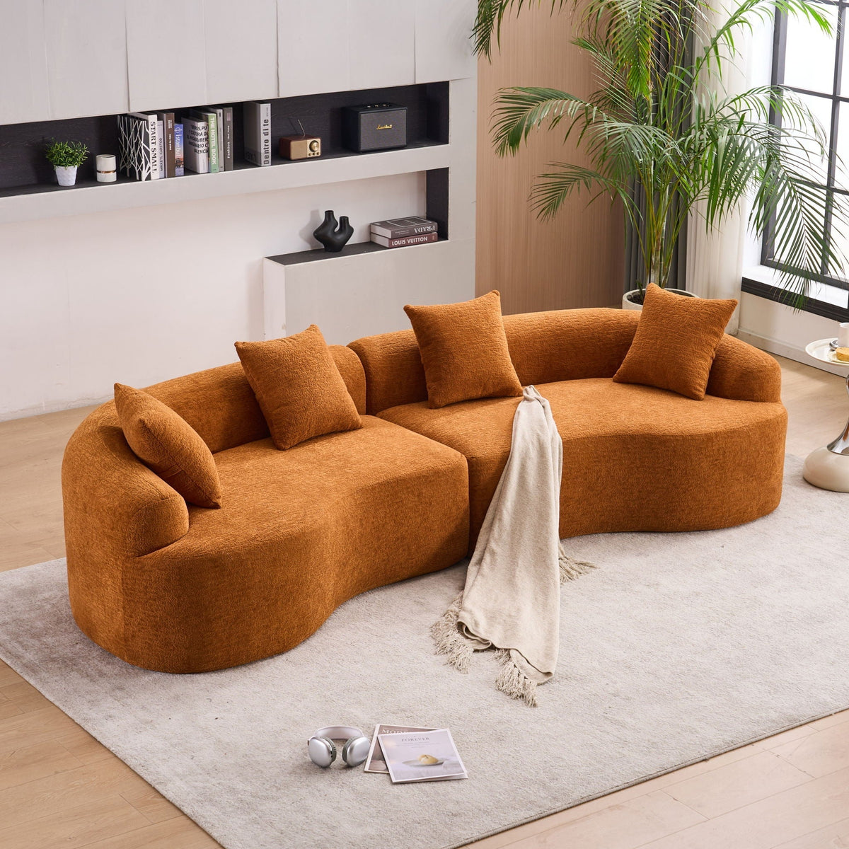 Curved 4 Seater Fabric Sofa, All-Foam Build