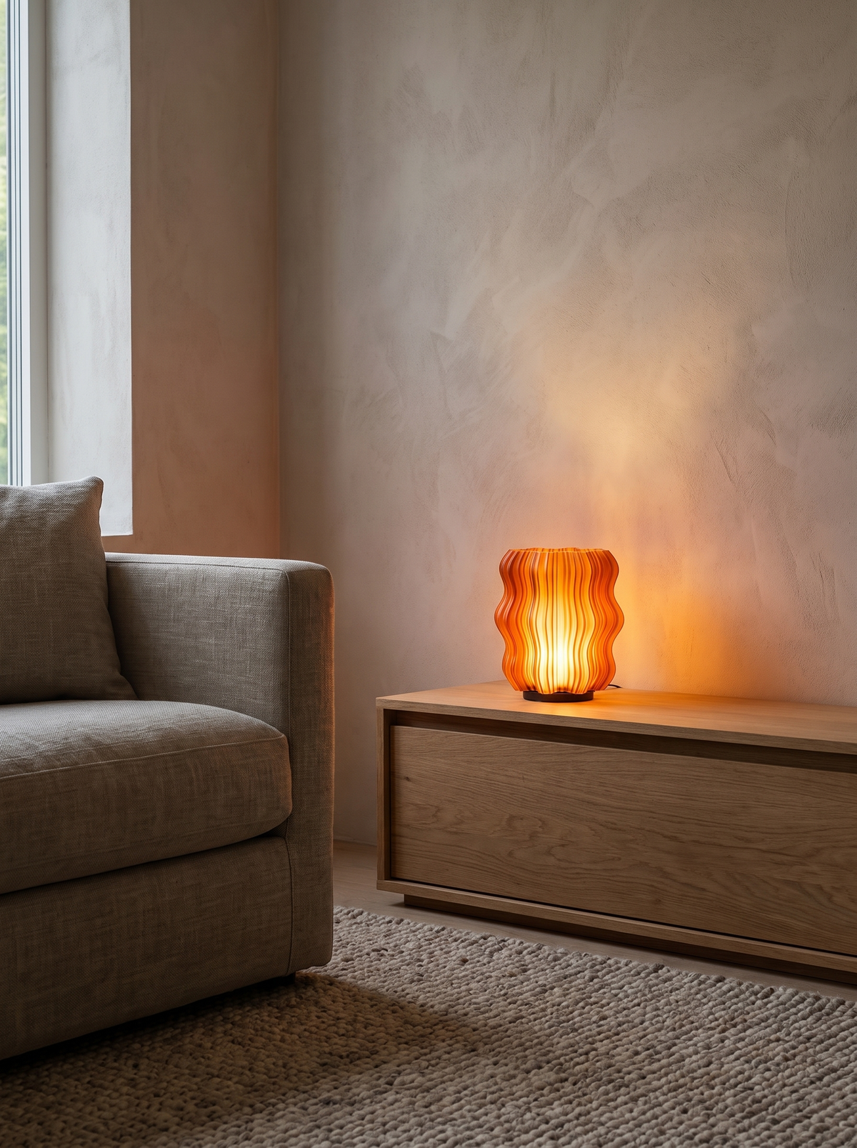 Cordless Mini Wavy Lamp switched on atop a low oak console in a calm modern living room