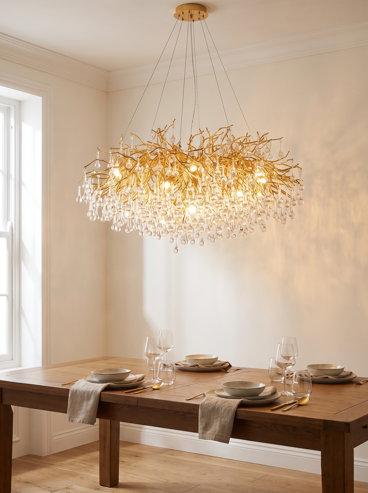 Crystal ceiling chandelier lit above a dining table set for two in morning light