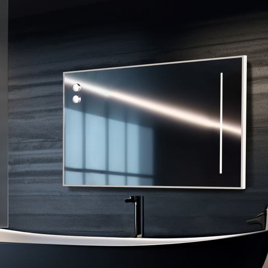 Rectangular LED bathroom mirror above vanity